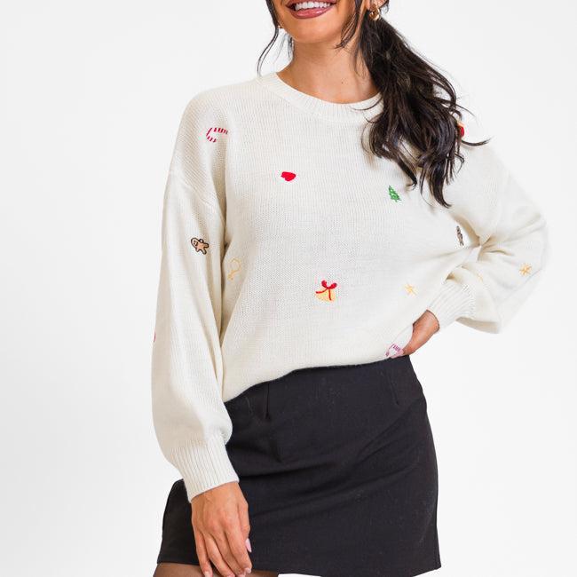 Magic Of The Holidays Cream Embroidered Sweater Product Image