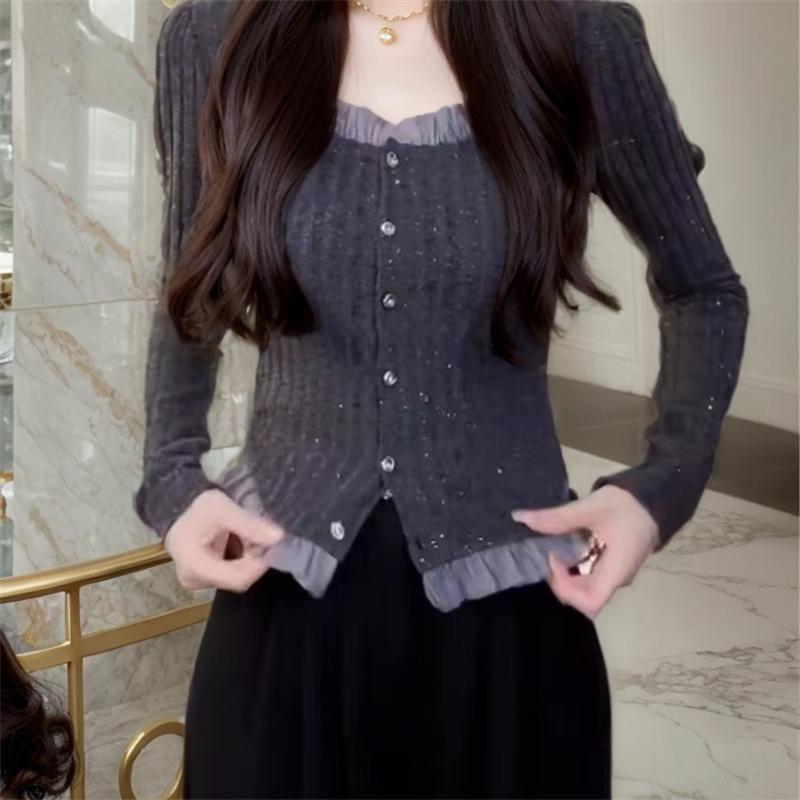 Long-Sleeve Two Tone Frill Trim Button Knit Top Product Image