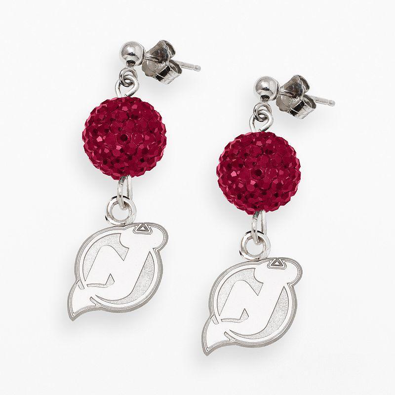 LogoArt New Jersey Devils Sterling Silver Crystal Ball Drop Earrings, Womens, Red Product Image