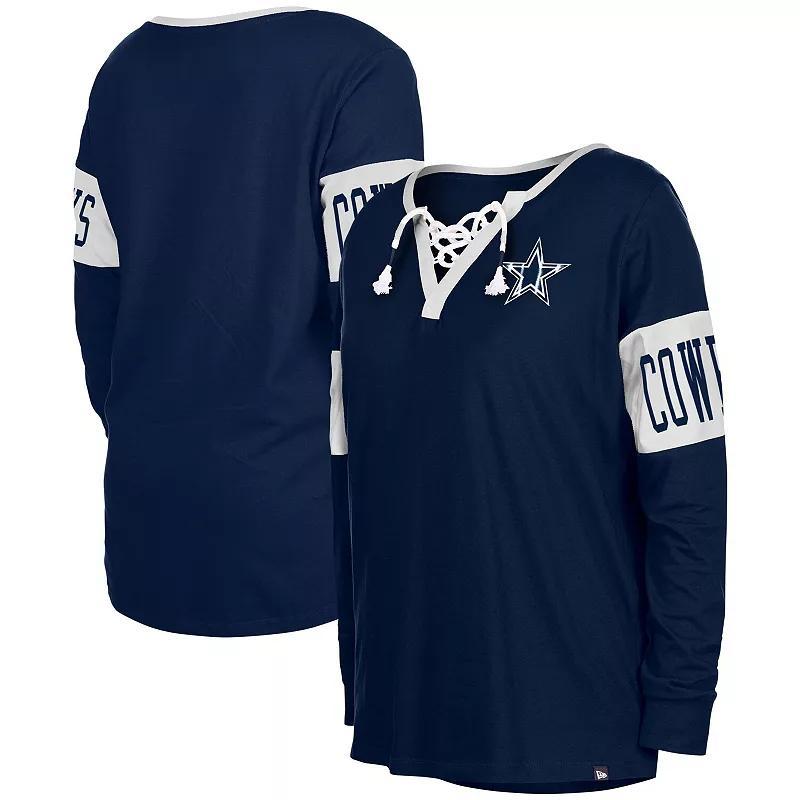 Womens New Era Navy Dallas Cowboys Lace-Up Notch Neck Long Sleeve T-shirt Product Image