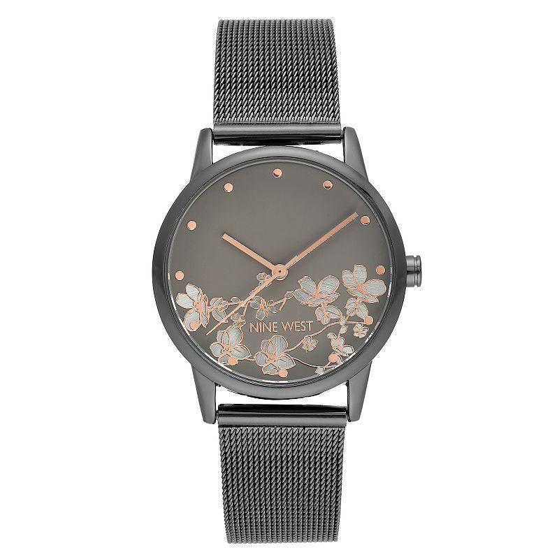 Nine West Womens Gray Stainless Steel Mesh Bracelet Watch with Flower Dial Grey Product Image