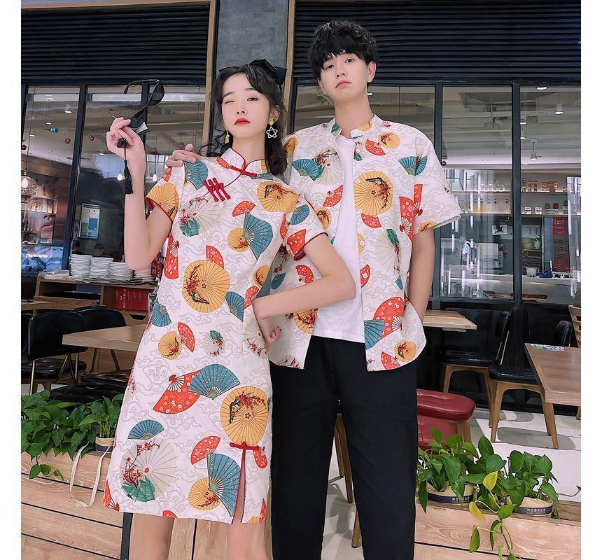 Couple Matching Short-Sleeve Fan Print Mini Qipao / Shirt / Plain Straight Leg Pants / Set Product Image