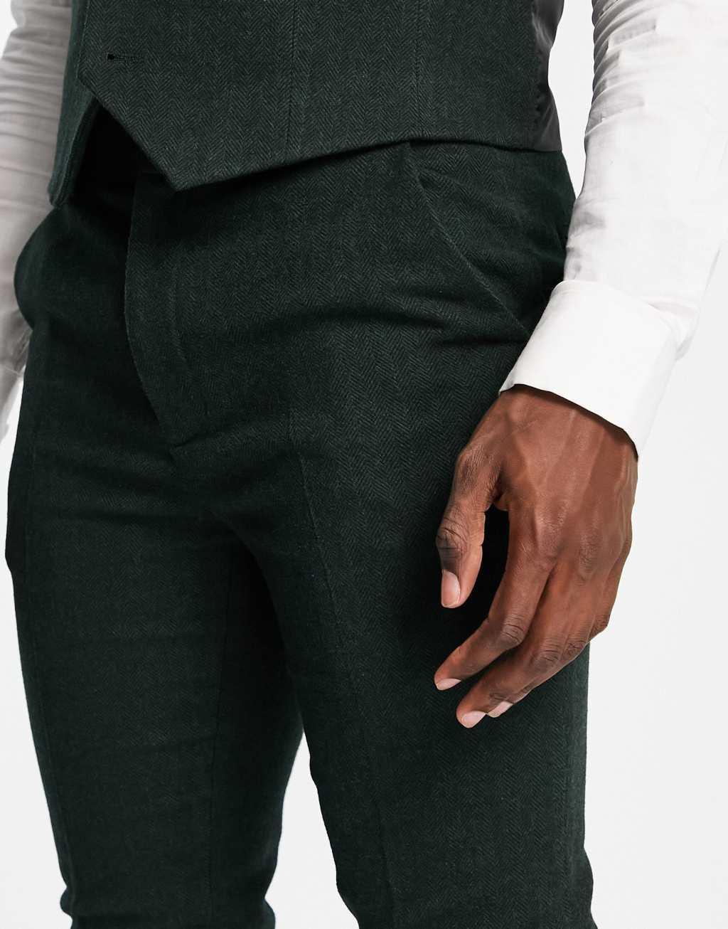 ASOS DESIGN Wedding skinny wool mix suit pants in forest green herringbone  Product Image