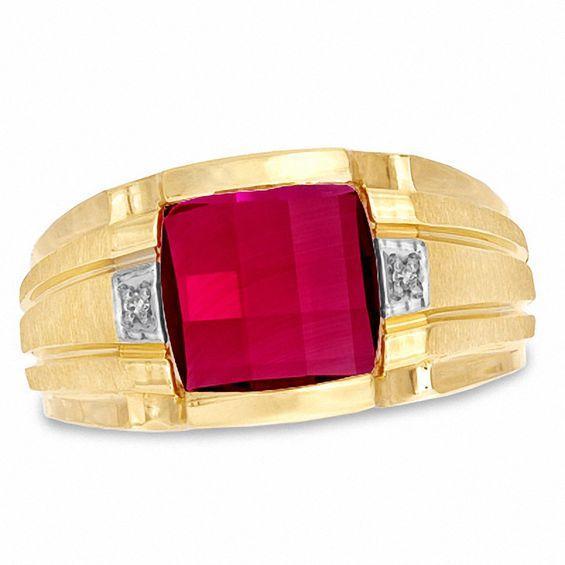 Men's Cushion-Cut Lab-Created Ruby and Diamond Accent Ring in 10K Gold Product Image