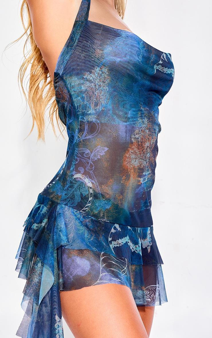 Blue Butterfly Print Mesh Cowl Frill Detail Shift Dress Product Image