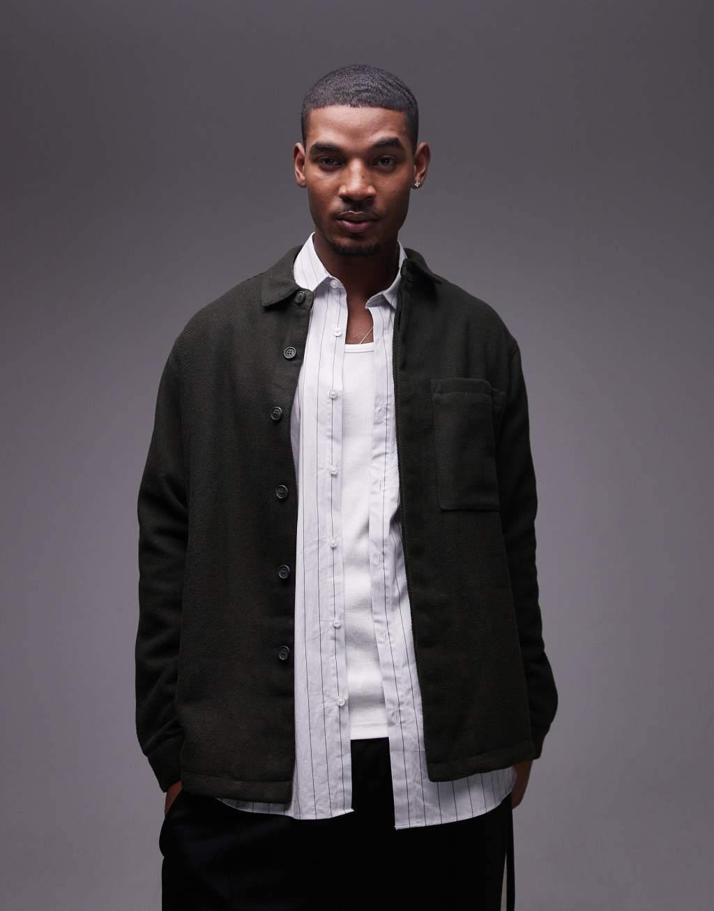 Topman long sleeve brushed cord overshirt in dark green Product Image