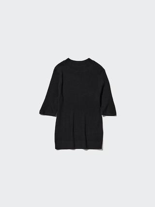 Womens Merino Ribbed Mock Neck Half-Sleeve Sweater Black Medium UNIQLO US Product Image