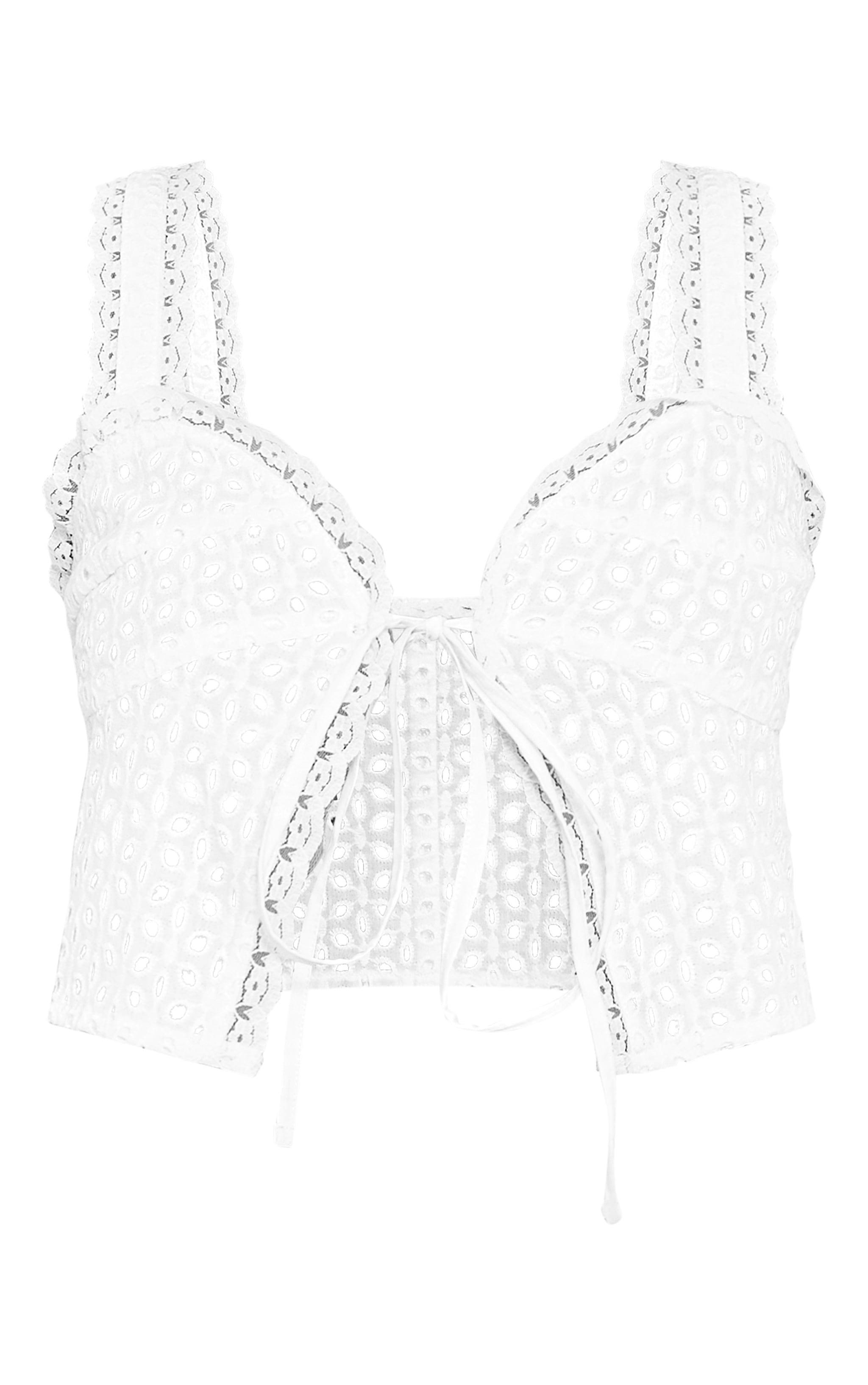 Tall White Broderie Detail Tie Front Crop Top Product Image