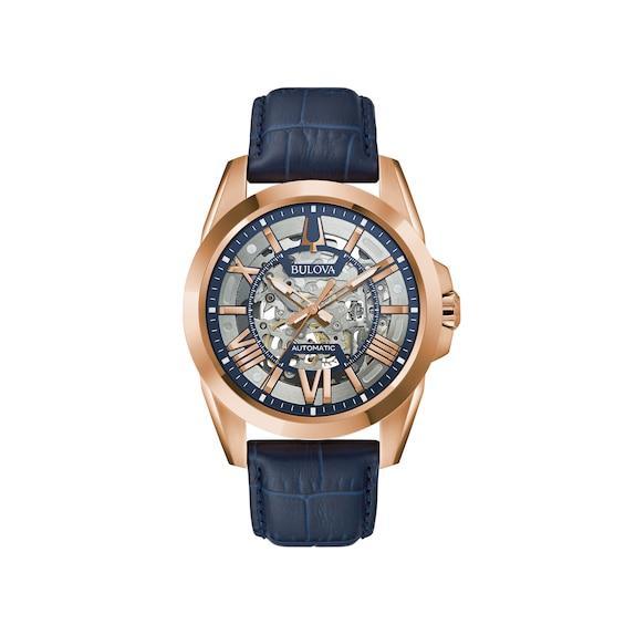 Men's Bulova Sutton Automatic Rose-Tone Strap Watch with Two-Tone Skeleton Dial (Model: 97A161) Product Image