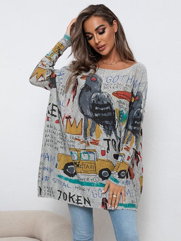 Casual Long Sleeves Loose Cartoon Printed Contrast Color Round-Neck Sweater Tops Product Image