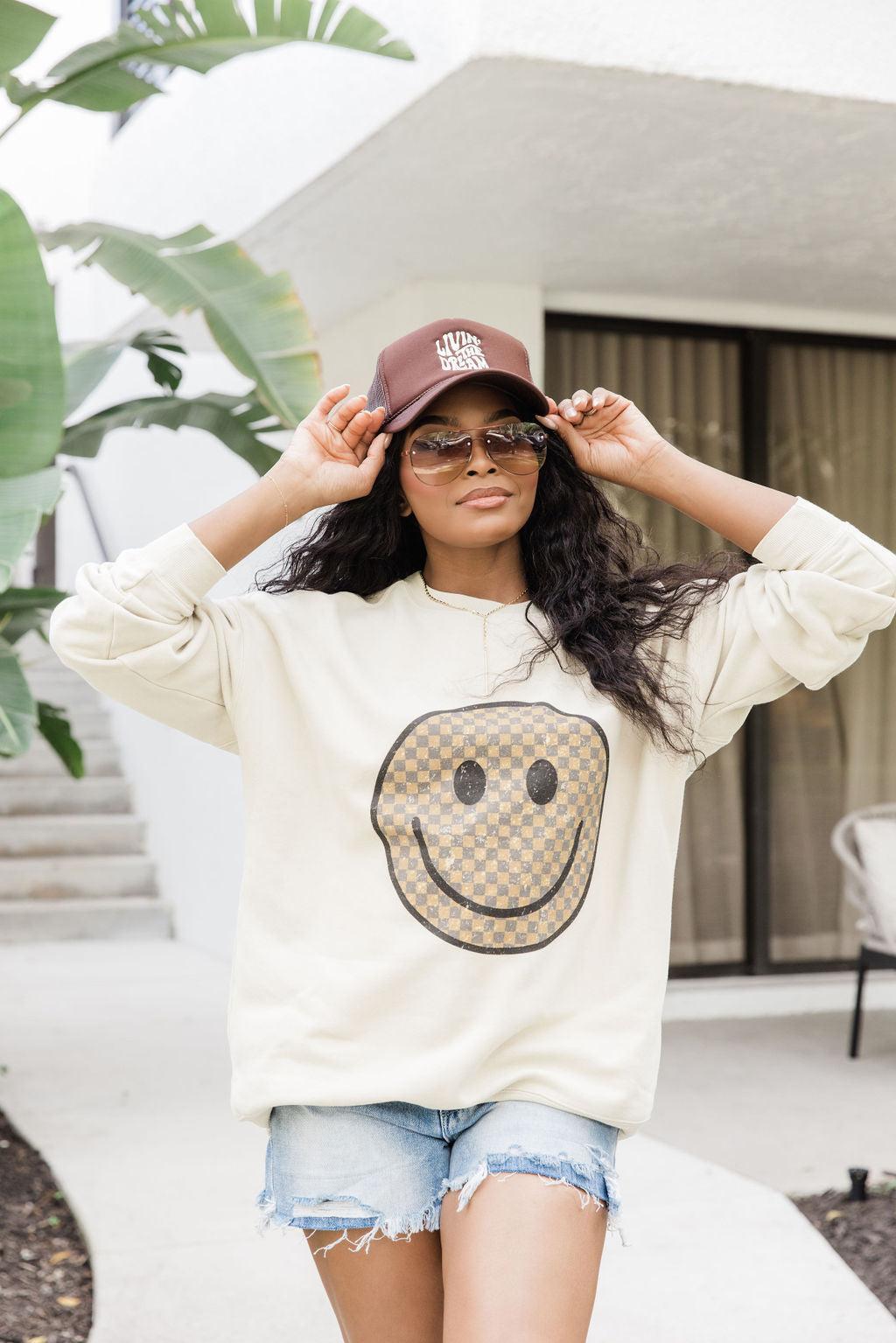 Neutral Checkered Smiley Light Tan Oversized Graphic Sweatshirt Product Image