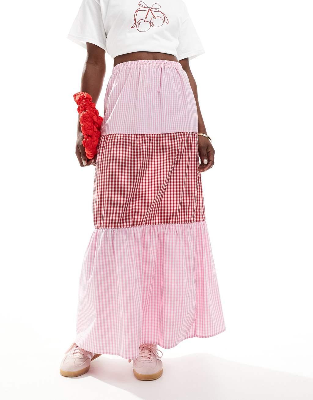 ASOS DESIGN tiered maxi skirt in mix gingham print Product Image