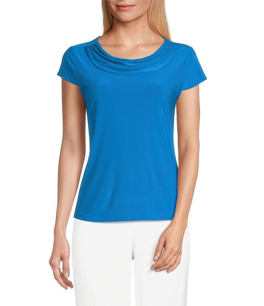 Kasper Solid Draped Neck Short Sleeve Fitted Top Product Image