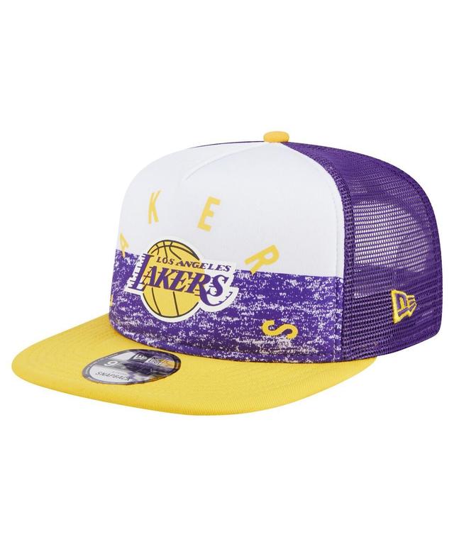 Mens New Era Purple Los Angeles Lakers Arch A-Frame Trucker 9FIFTY SnapbackHat Product Image