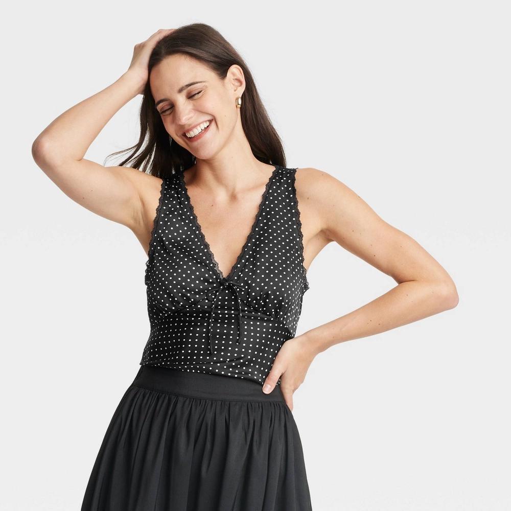 Womens Lace Trim Satin Tank Top - A New Day Black/Cream Polka Dots L Product Image