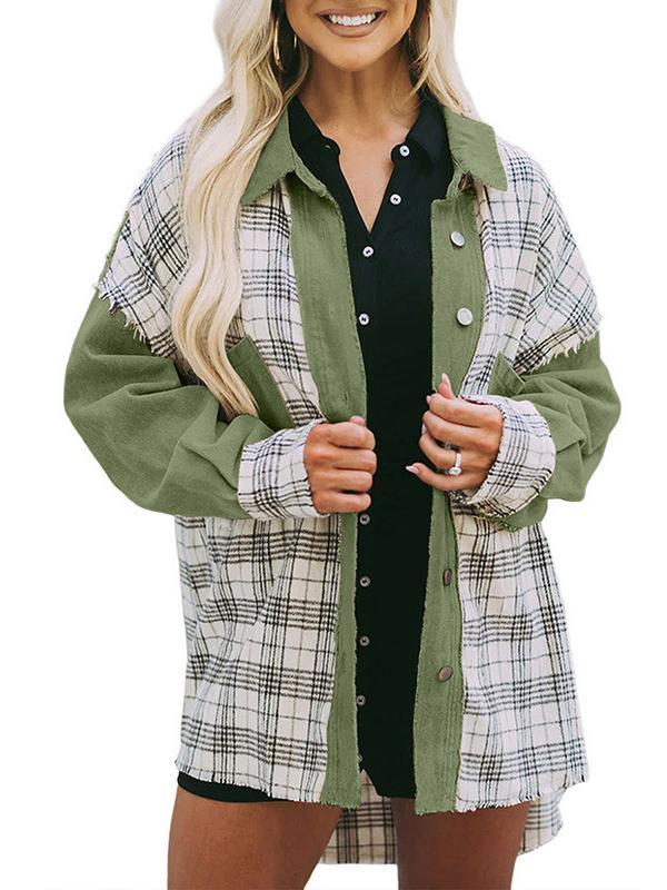 High-Low Long Sleeves Buttoned Fringed Plaid Pockets Split-Joint Lapel Outerwear Product Image