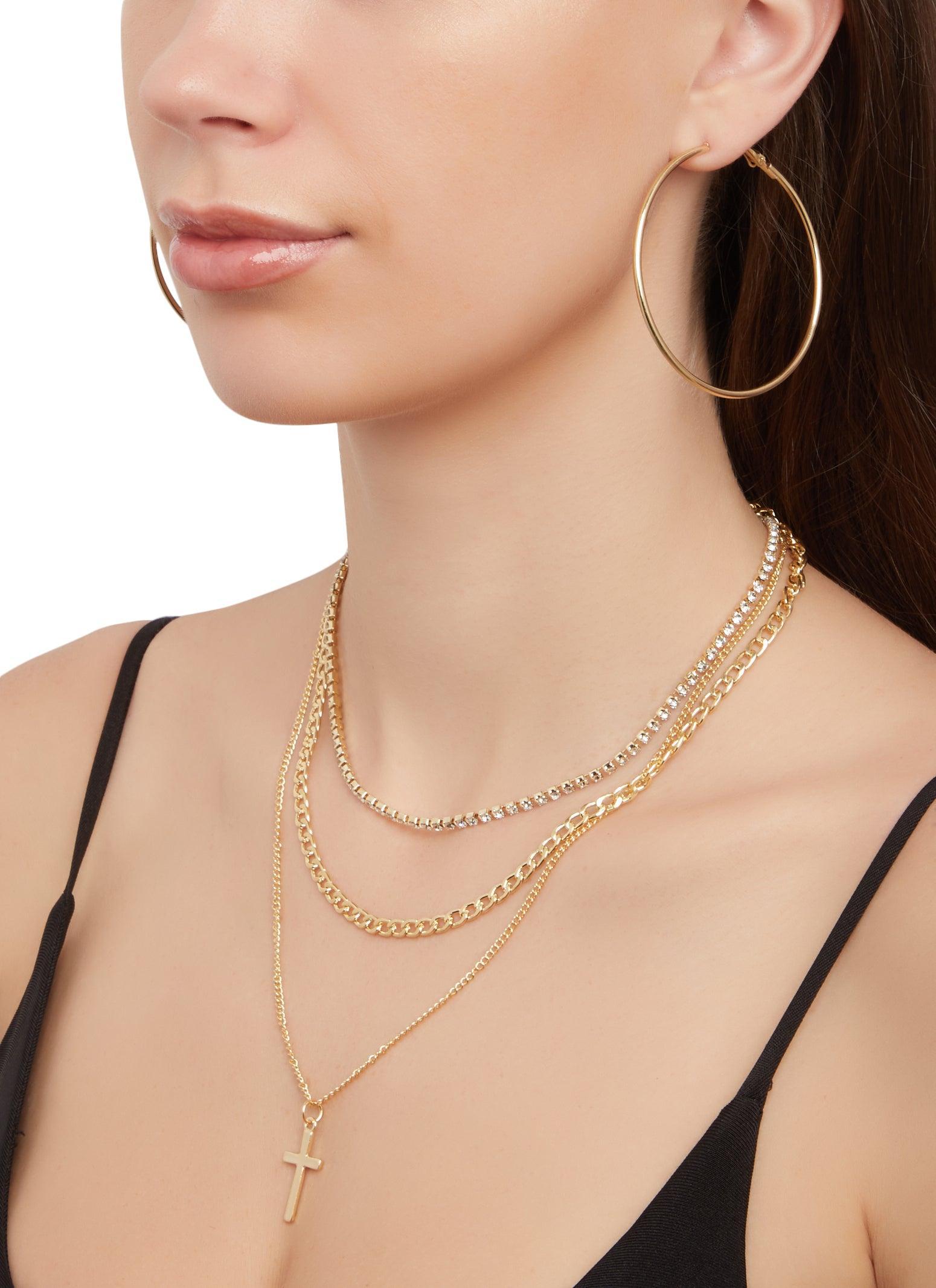 Rhinestone Snake Layered Chain Necklace and Hoop Earrings Trio Female Product Image