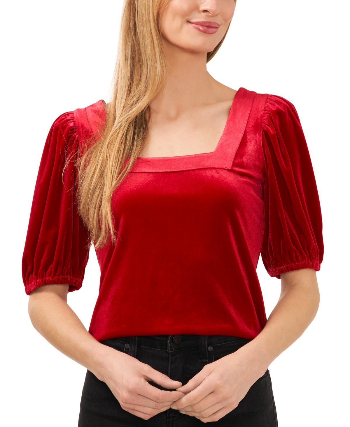 CeCe Womens Square Neck Short Puff Sleeve Velvet Top Product Image