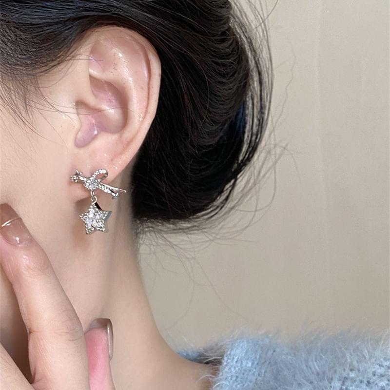 Bow Rhinestone Star Drop Earrings Product Image