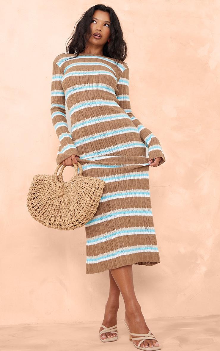 Mocha Wide Rib Knit Striped Long Sleeve Maxi Dress Product Image