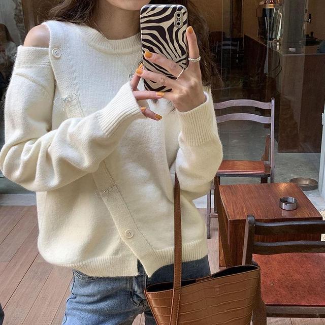 Long Sleeve Cold-Shoulder Bow Accent Loose-Fit Sweater Product Image