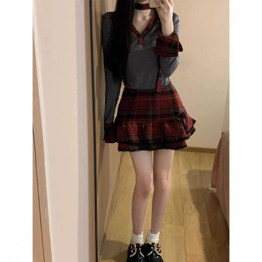 Set: Long-Sleeve Plaid Collar Polo Shirt + High Rise Lace Trim Mini A-Line Layered Skirt Product Image