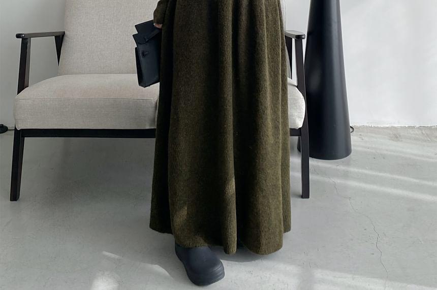 Turtleneck Plain Button Cardigan / High Rise Plain Maxi A-Line Skirt Product Image