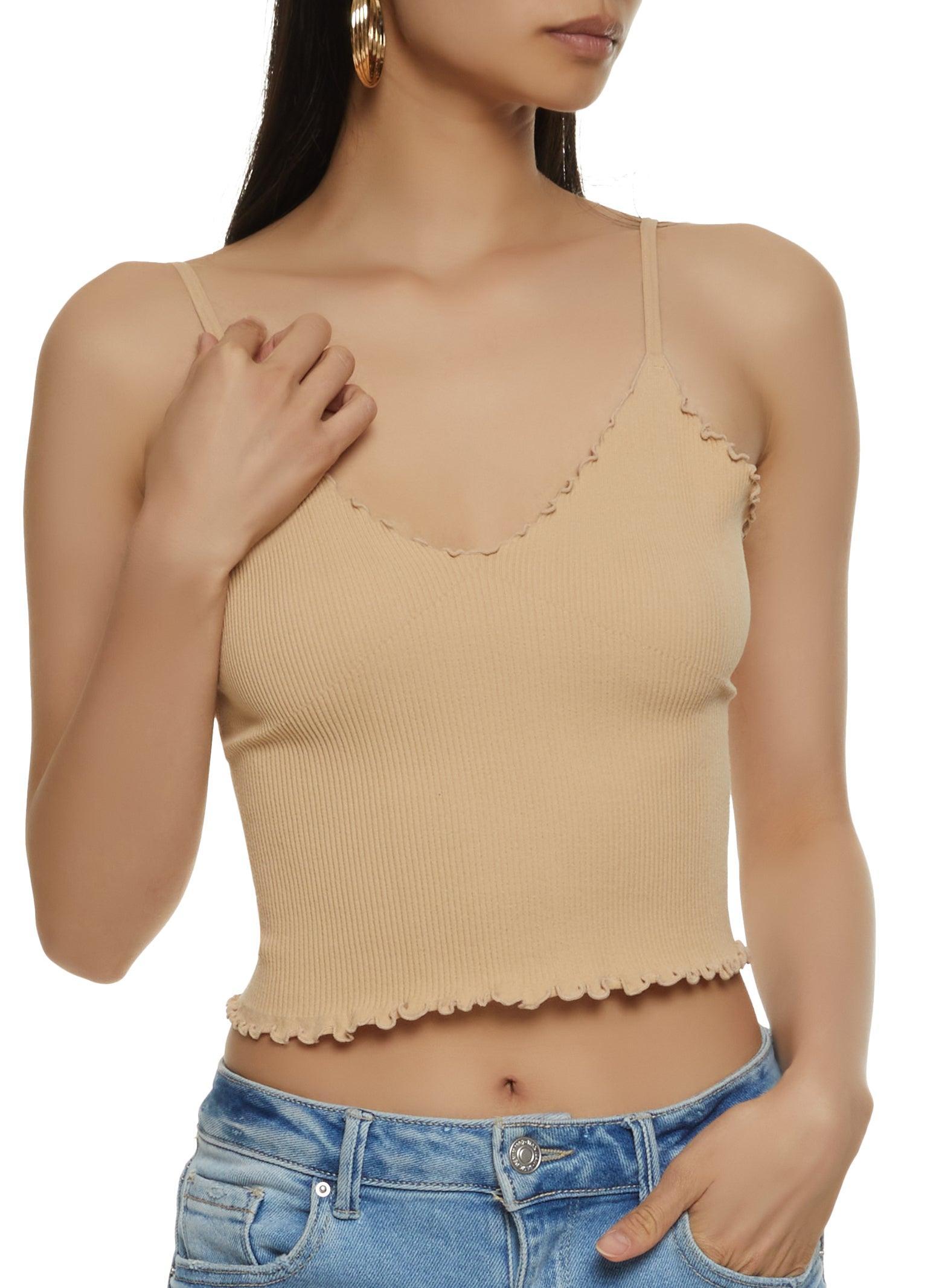 Womens Ribbed Knit Lettuce Edge V Neck Seamless Cami Product Image