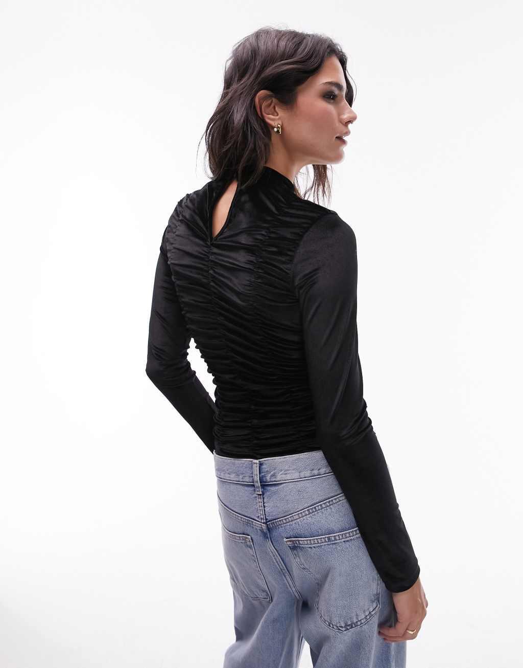 Topshop long sleeve ruched velvet top in black Product Image