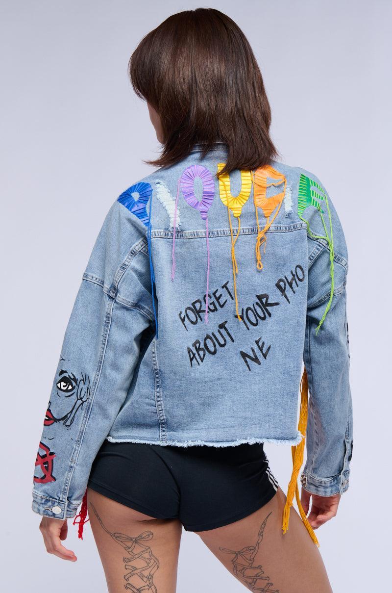 LOST IN THE CITY STUDDED YARN APPLIQUE DENIM JACKET Product Image