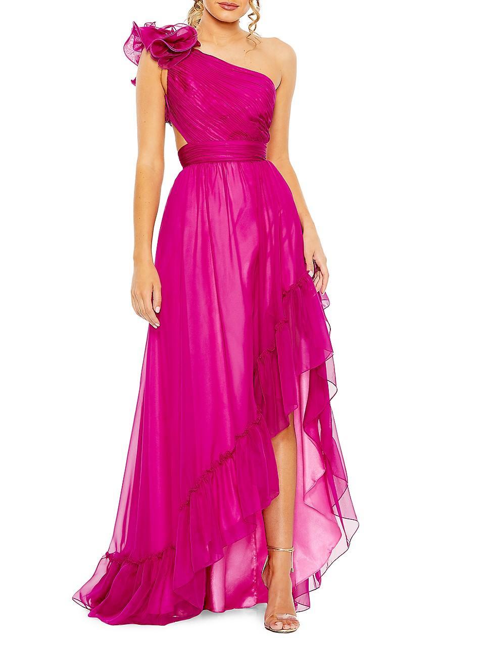 Womens One-Shoulder Asymmetric Chiffon Gown Product Image