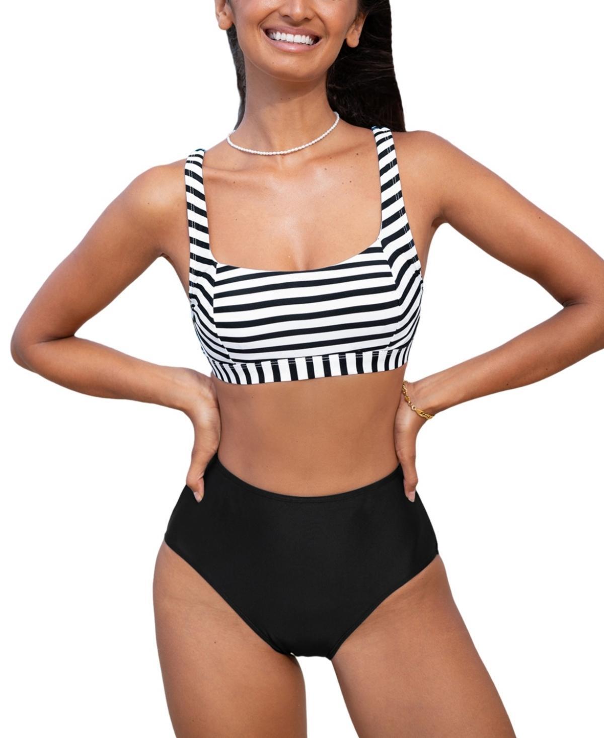 Women's Striped Square Neck Bikini Top & High-Rise Bottoms Set Product Image