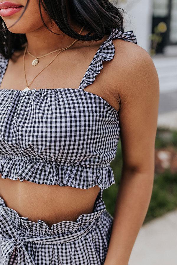 Ruffled Up Gingham Crop Top In Black Product Image