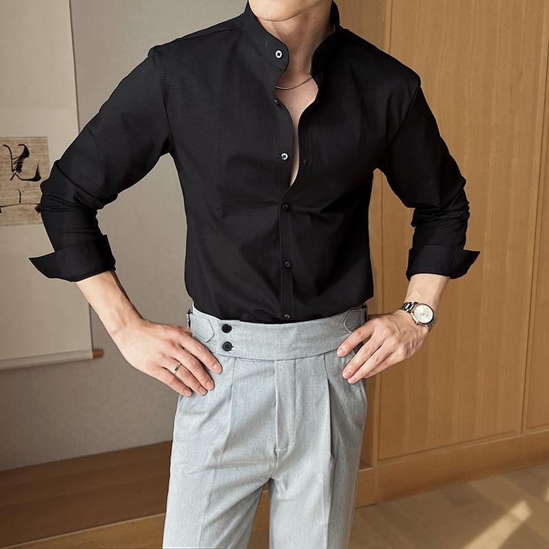 Long Sleeve Band Collar Plain Shirt Product Image