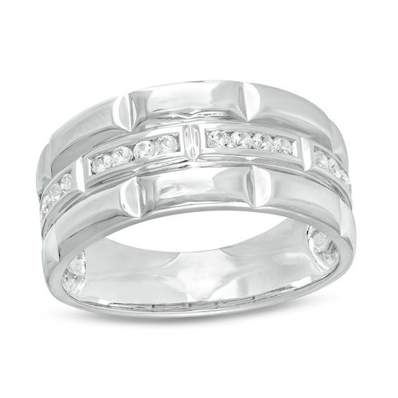 Men's 1/4 CT. T.w. Diamond Trio Station Brick Pattern Wedding Band in 10K White Gold Product Image