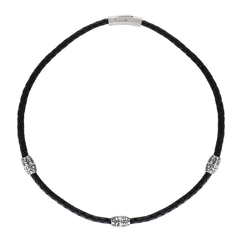 Mens LYNX Black Ion-Plated Stainless Steel & Braided Black Leather Necklace Product Image