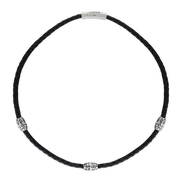 Mens LYNX Black Ion-Plated Stainless Steel & Braided Black Leather Necklace Product Image