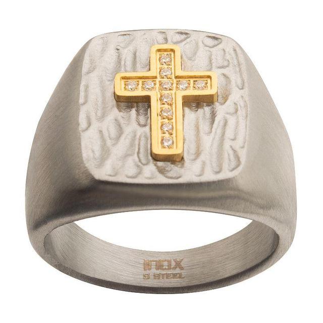 Mens Gold IP Cross Clear CZs Signet Rings Two Tone Product Image