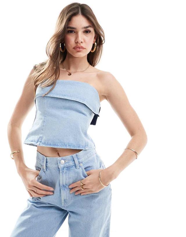 ASOS DESIGN denim fold over bandeau in bleach Product Image