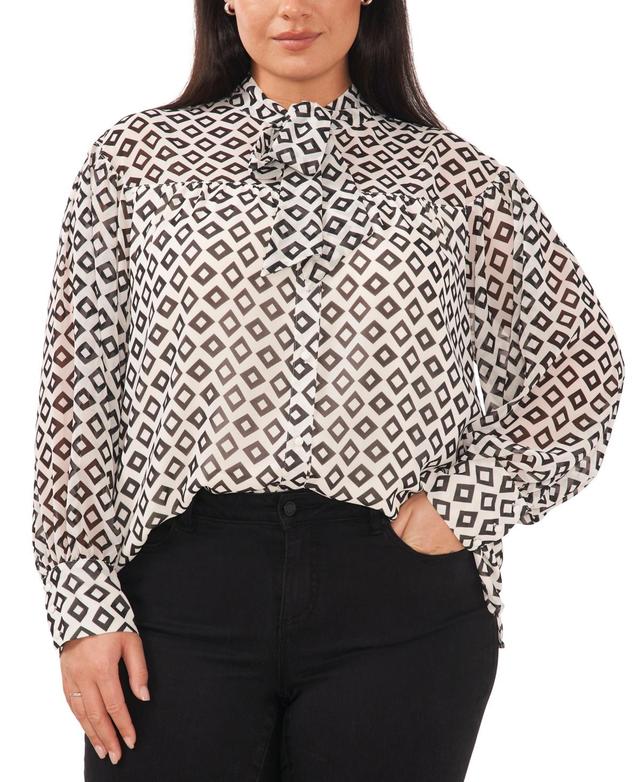 Vince Camuto Plus Size Geometric Print Chiffon Tie Mandarin Collar Button Front Yoke Blouse Product Image