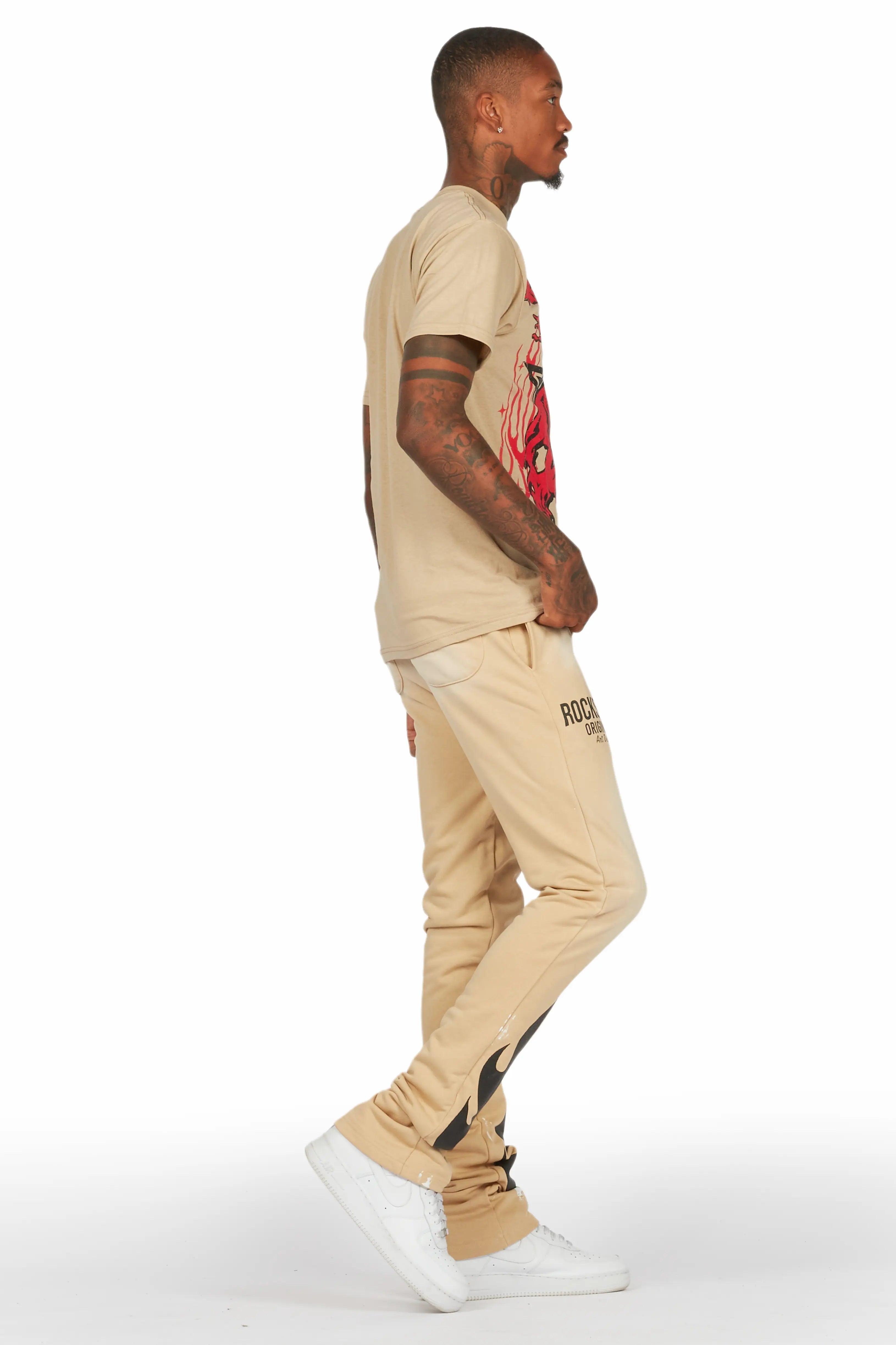 Damani Beige Patchwork Stacked Flare Pants Male Product Image