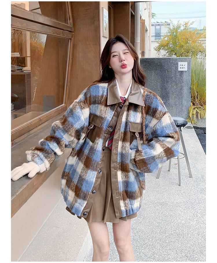 Collared Plaid Button-Up Jacket Product Image