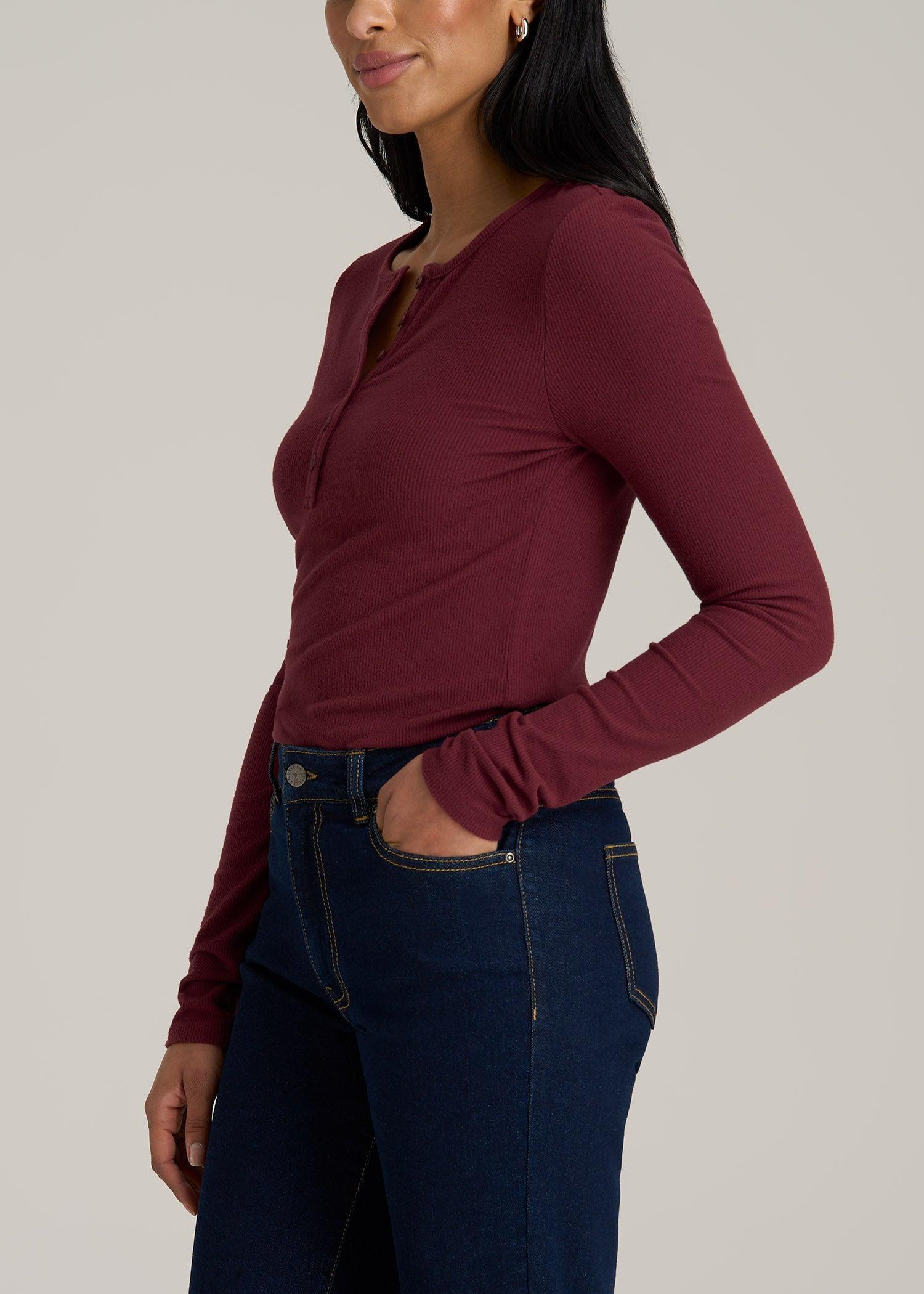 Long Sleeve Ribbed Crewneck Women's Tall Henley Shirt in Red Ochre Female Product Image