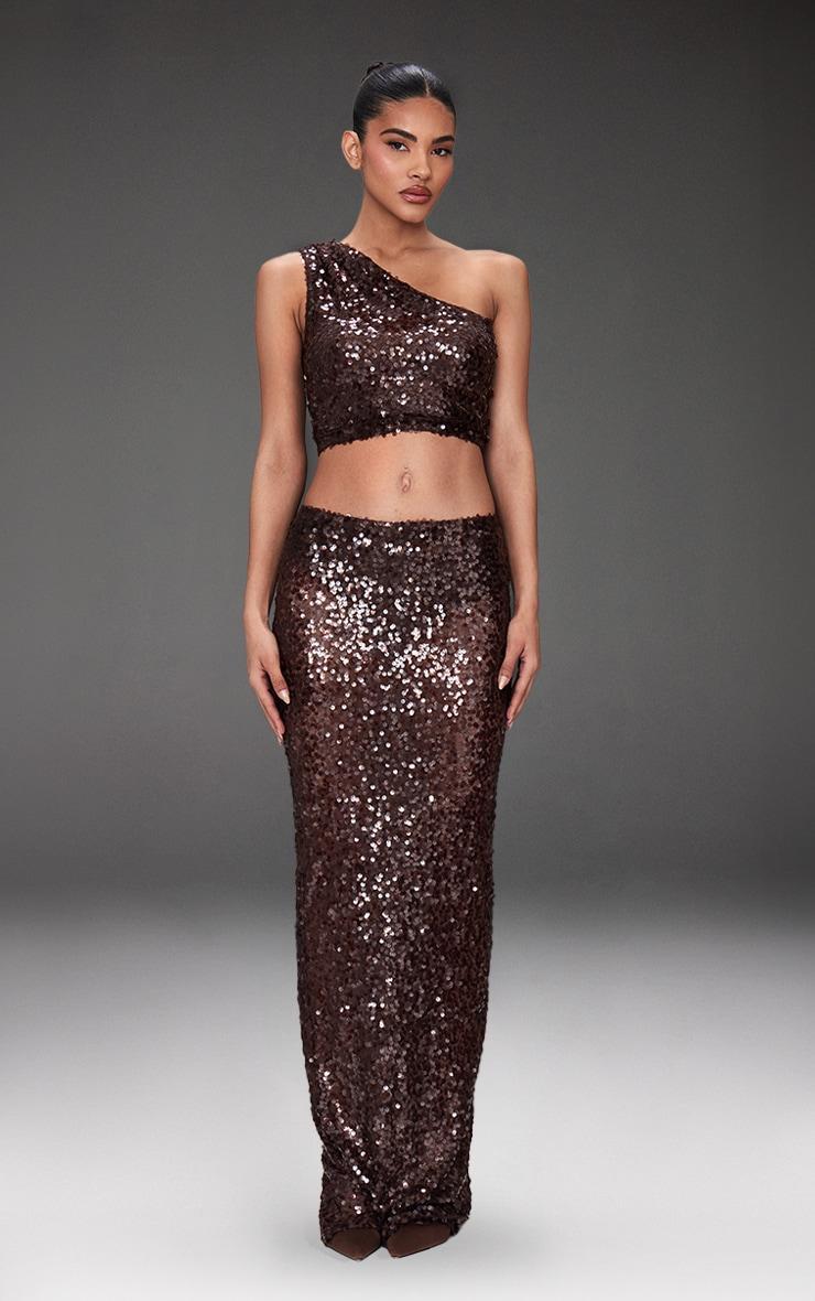 Dark Brown Sequin Mesh One Shoulder Top Product Image