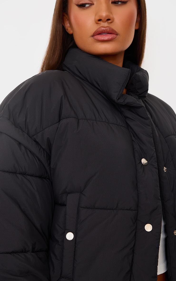 Petite Black Soft Nylon Set In Sleeve Popper Pocket Puffer Jacket Product Image