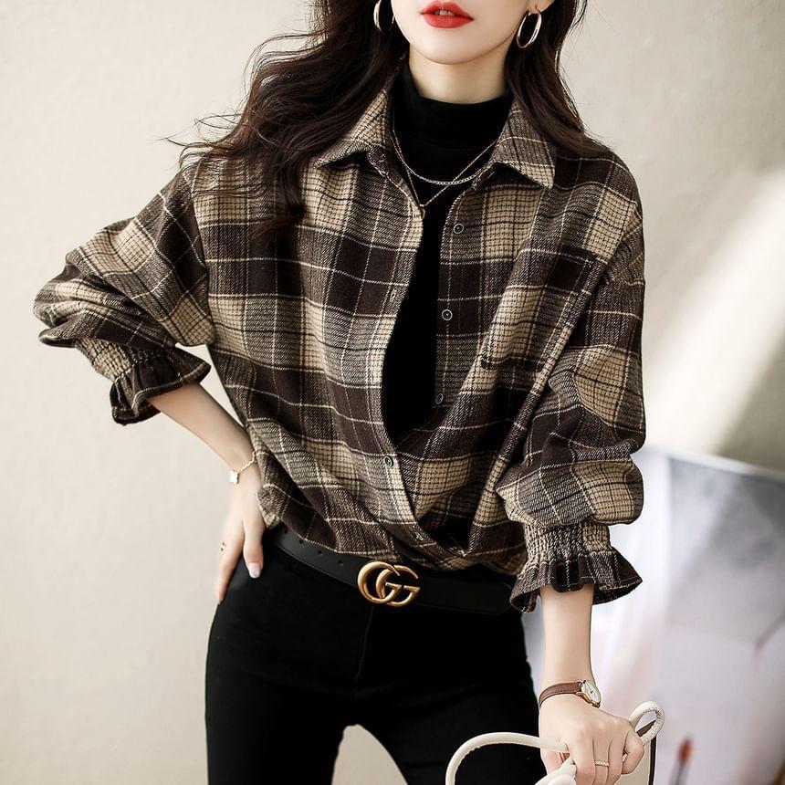 Long-Sleeve Plaid Pocket Detail Oversized Shirt Product Image