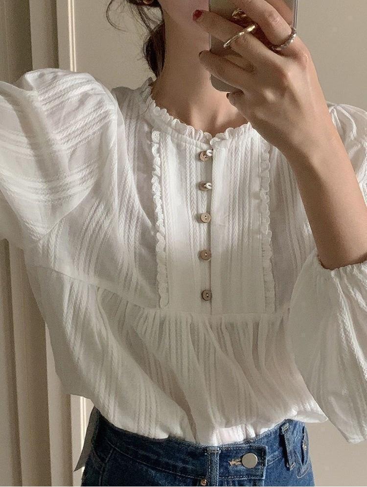 Long-Sleeve Plain Lace Trim Blouse Product Image