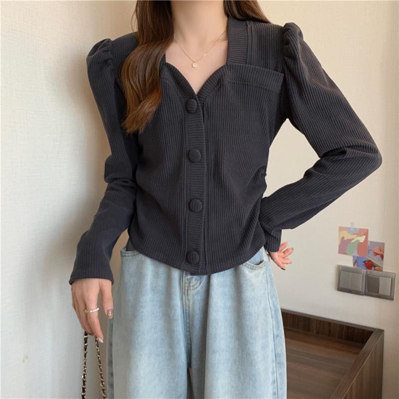 Long-Sleeve Plain Button-Up Ribbed Knit Top Product Image