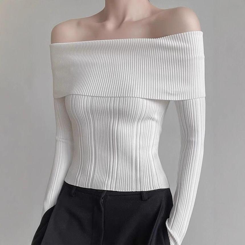 Long Sleeve Off Shoulder Plain Ribbed Knit Top Product Image