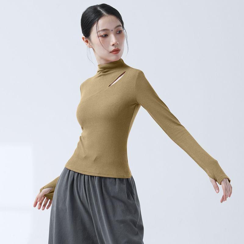 Long-Sleeve Mock Neck Plain Cutout T-Shirt Product Image